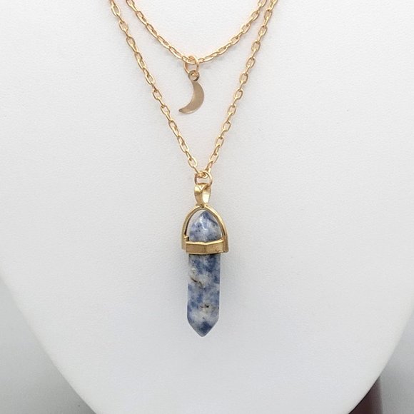 Womens Gold Tone Blue Quartz Stone Pendant Necklace Half Moon Accent 18 in - Picture 1 of 6